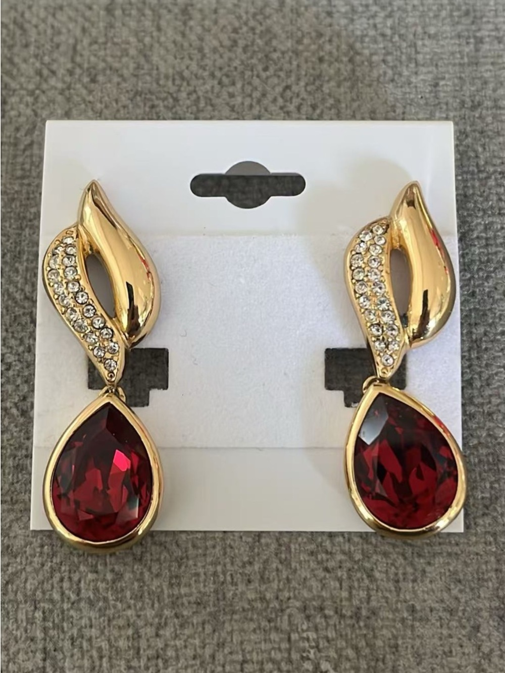 Vintage Christian Dior Teardrop Red Rhinestone Dangle Drop Gold Clip-On Earrings